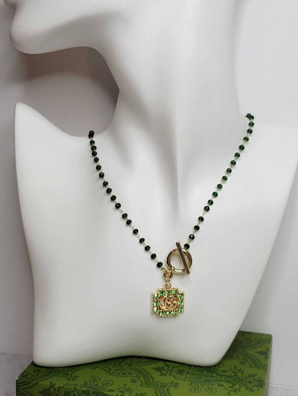 Green Faceted Toggle Chain, Gucci Crystal Zipper Pull Necklace